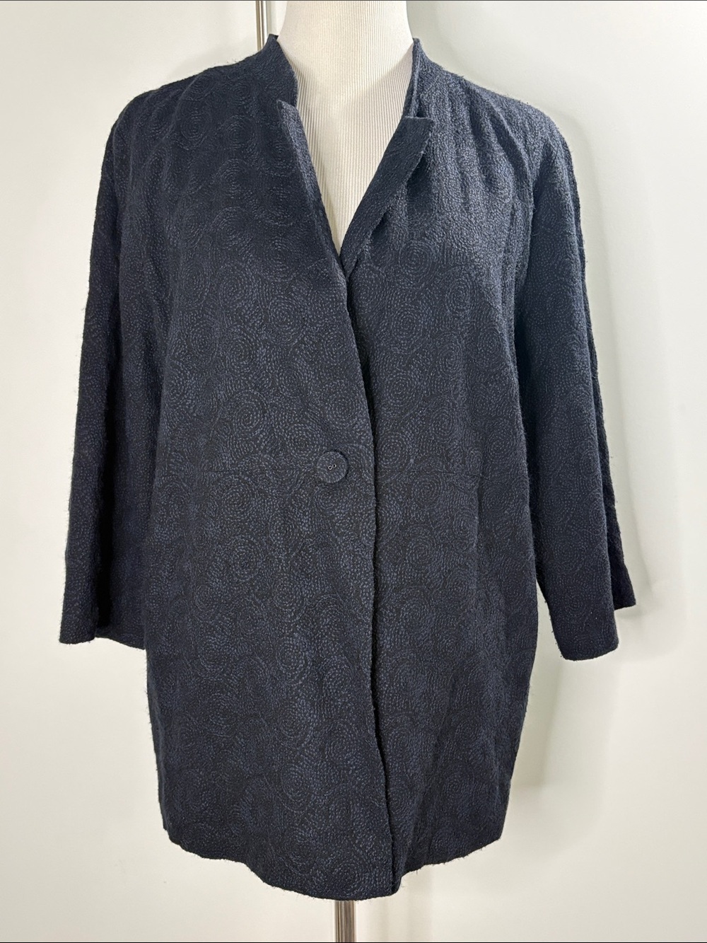 Eileen Fisher Black Wool w Purple Flower Embroidery Stand Collar 1-Button Blazer